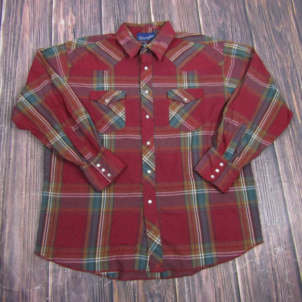 Wrangler Mens Size XL Red Plaid Snap Button Long Sleeve‎ Western Shirt 17-35